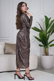 Brown Draped Pleated Shiny Midi Dress with Front Slit 