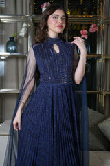 Navy Blue Tulle Cape Sleeve Beaded Evening Dress 