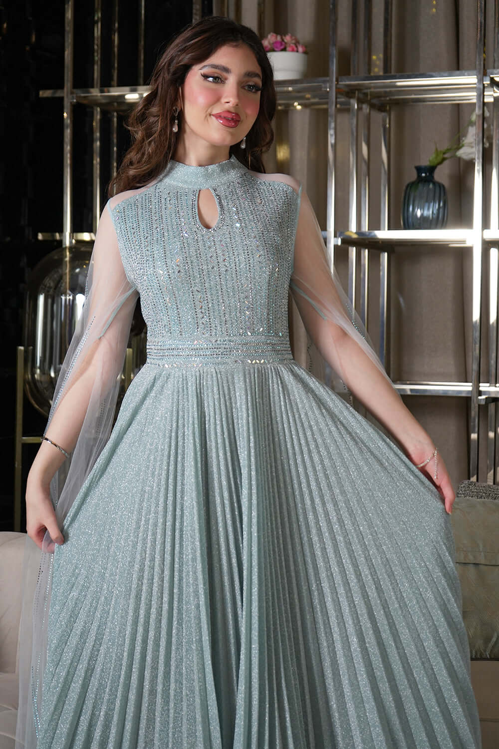 Tiffany Color Tulle Cape Sleeve Beaded Evening Dress 