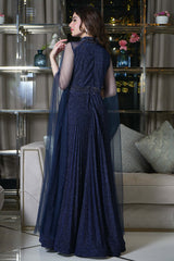 Navy Blue Tulle Cape Sleeve Beaded Evening Dress 