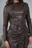 Brown Draped Pleated Shiny Midi Dress with Front Slit 