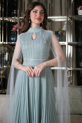 Tiffany Color Tulle Cape Sleeve Beaded Evening Dress 