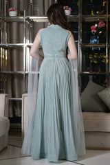 Tiffany Color Tulle Cape Sleeve Beaded Evening Dress 