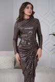 Brown Draped Pleated Shiny Midi Dress with Front Slit 