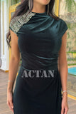 Velvet draped dress with crystals on the shoulder 