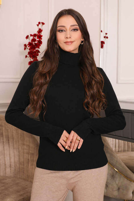 Winter blouse with high collar and long sleeves, black 