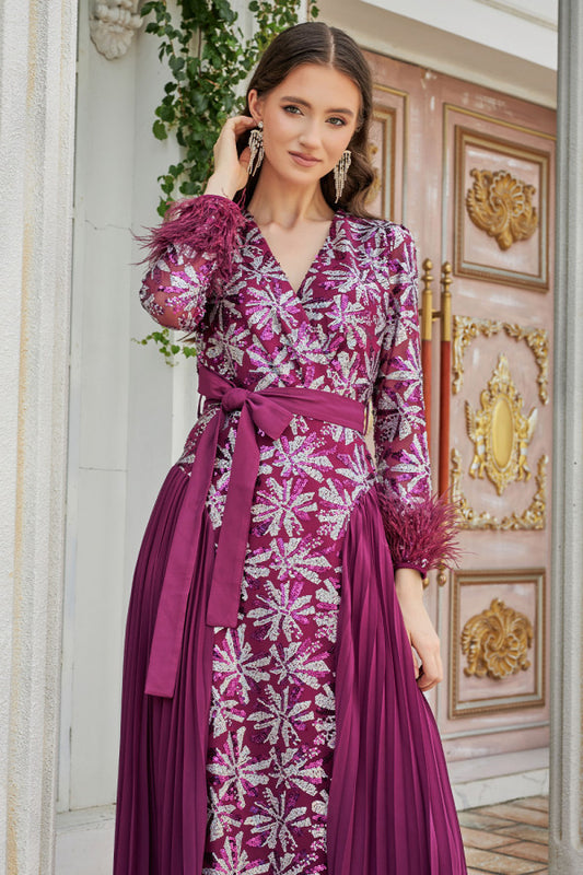 Plisse dress embroidered with sequins, fuchsia color