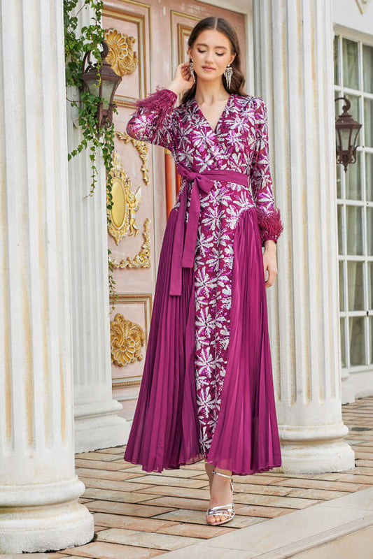 Plisse dress embroidered with sequins, fuchsia color