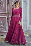 Pleated dress with a belt decorated with crystal tassels, fuchsia color