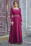 Pleated dress with a belt decorated with crystal tassels, fuchsia color