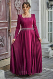 Pleated dress with a belt decorated with crystal tassels, fuchsia color