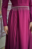 Pleated dress with a belt decorated with crystal tassels, fuchsia color