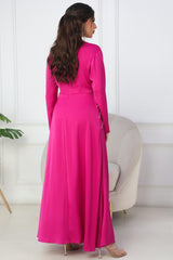 Satin maxi dress embroidered with crystals, fuchsia