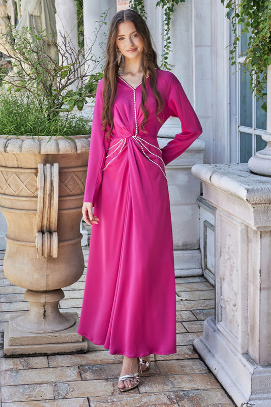 Satin maxi dress embroidered with crystals, fuchsia