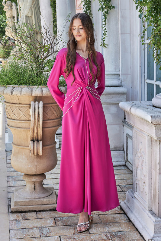 Satin maxi dress embroidered with crystals, fuchsia