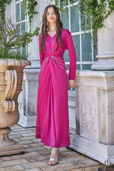 Satin maxi dress embroidered with crystals, fuchsia