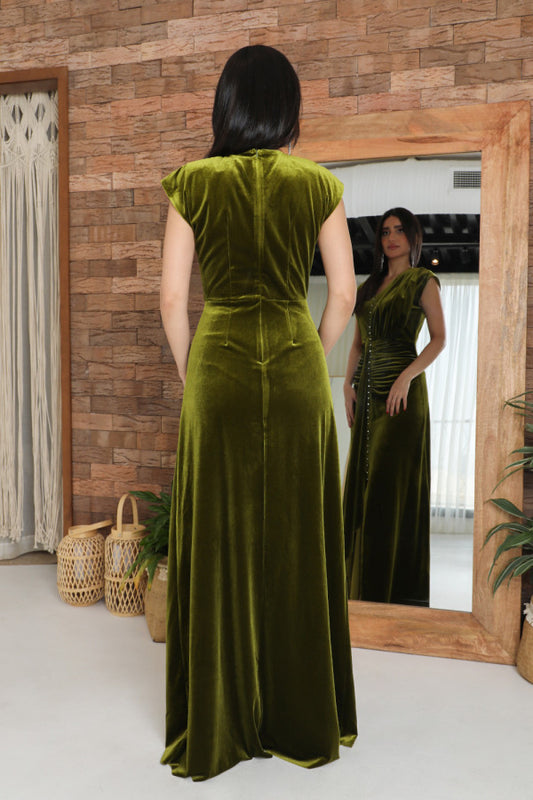 Draped velvet dress with beads on the chest, olive color 