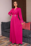 Long evening dress decorated with feathers on the sleeves, fuchsia color 