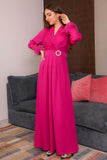 Long evening dress decorated with feathers on the sleeves, fuchsia color 