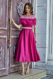 Off shoulder embroidered midi dress in fuchsia