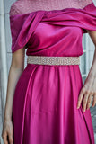 Off shoulder embroidered midi dress in fuchsia