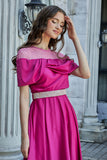 Off shoulder embroidered midi dress in fuchsia