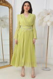 Pleated dress with crystal embroidered belt, apple color