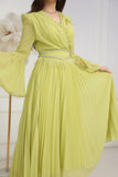 Pleated dress with crystal embroidered belt, apple color