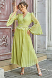 Pleated dress with crystal embroidered belt, apple color