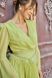 Pleated dress with crystal embroidered belt, apple color