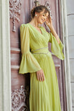 Pleated dress with crystal embroidered belt, apple color