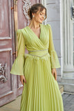 Pleated dress with crystal embroidered belt, apple color