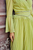 Pleated dress with crystal embroidered belt, apple color