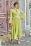 Pleated dress with crystal embroidered belt, apple color