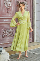 Pleated dress with crystal embroidered belt, apple color