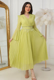 Pleated dress with crystal embroidered belt, apple color