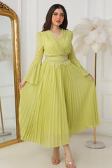 Pleated dress with crystal embroidered belt, apple color