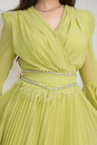 Pleated dress with crystal embroidered belt, apple color