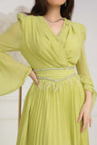 Pleated dress with crystal embroidered belt, apple color