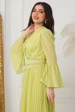 Pleated dress with crystal embroidered belt, apple color