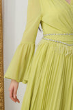 Pleated dress with crystal embroidered belt, apple color