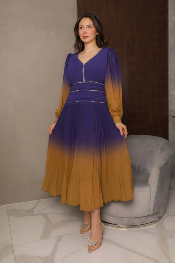 Long-sleeved chiffon midi evening dress, purple 