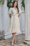 Contrasting layered dress with puff sleeves, sugar color