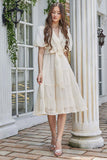 Contrasting layered dress with puff sleeves, sugar color