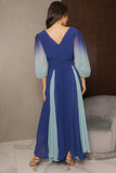 Hayran blue pleated chiffon evening dress 