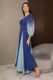 Hayran blue pleated chiffon evening dress 