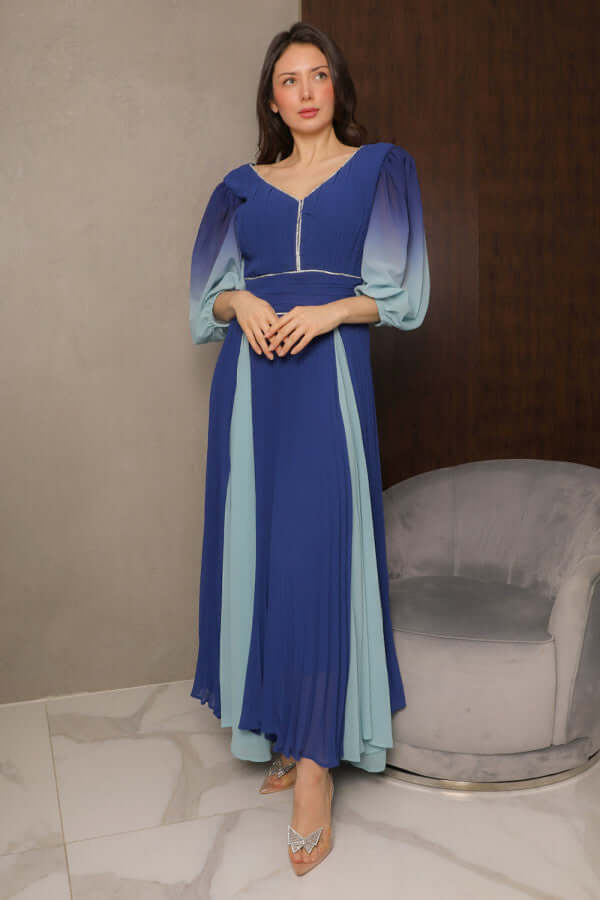 Hayran blue pleated chiffon evening dress 