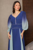 Hayran blue pleated chiffon evening dress 