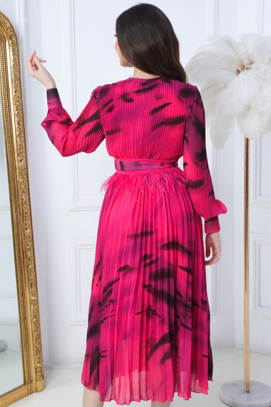 Pleated midi dress with feather-embellished belt