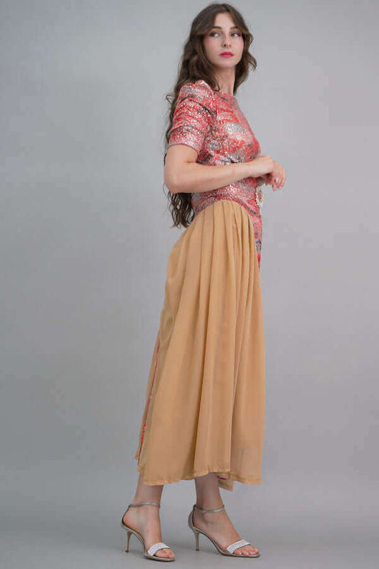Beige pleated wavy sequin dress